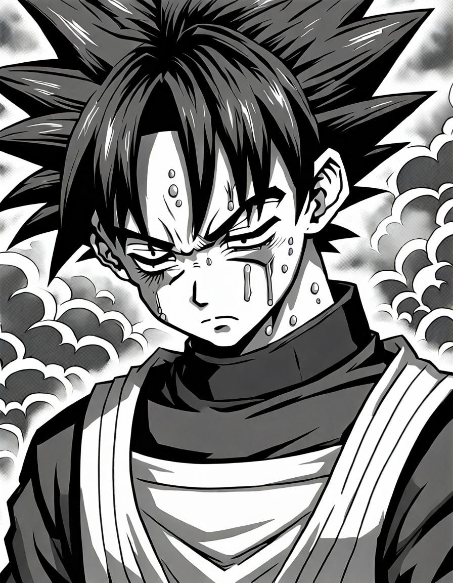 Goku Mourning in Hyperdetailed Anime Charcoal Drawing