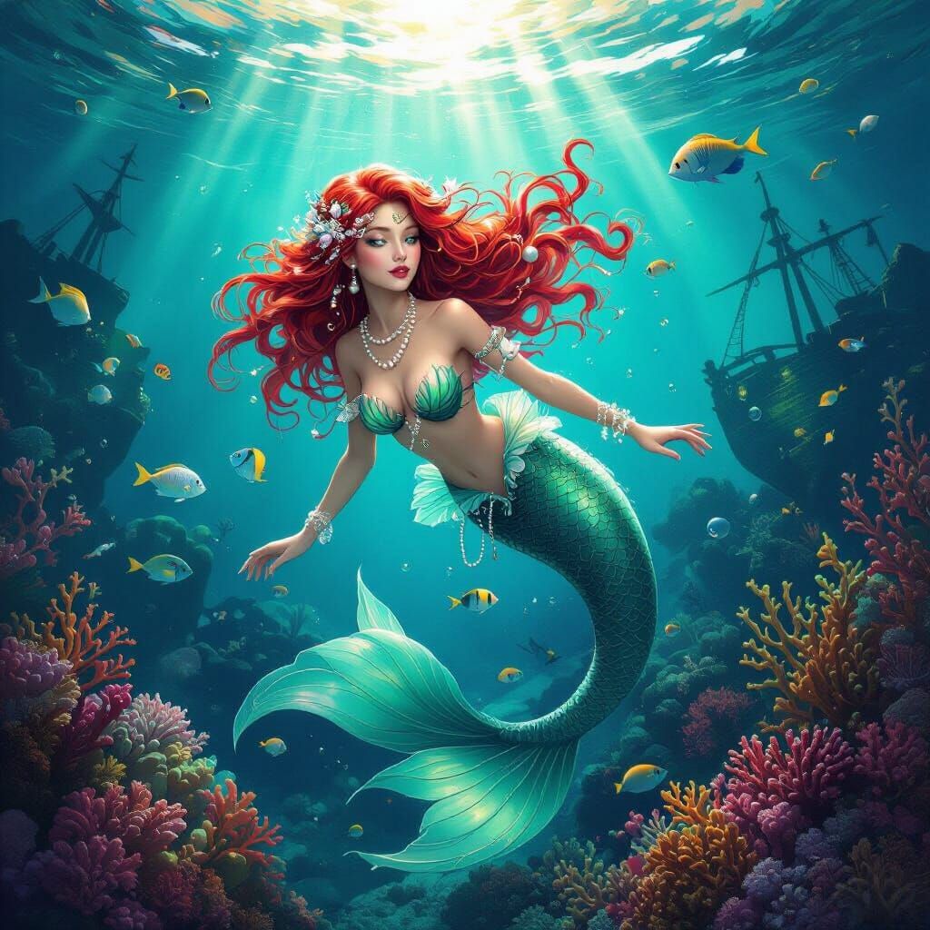 Beautiful Mermaid in Vibrant Coral Reef Digital Painting