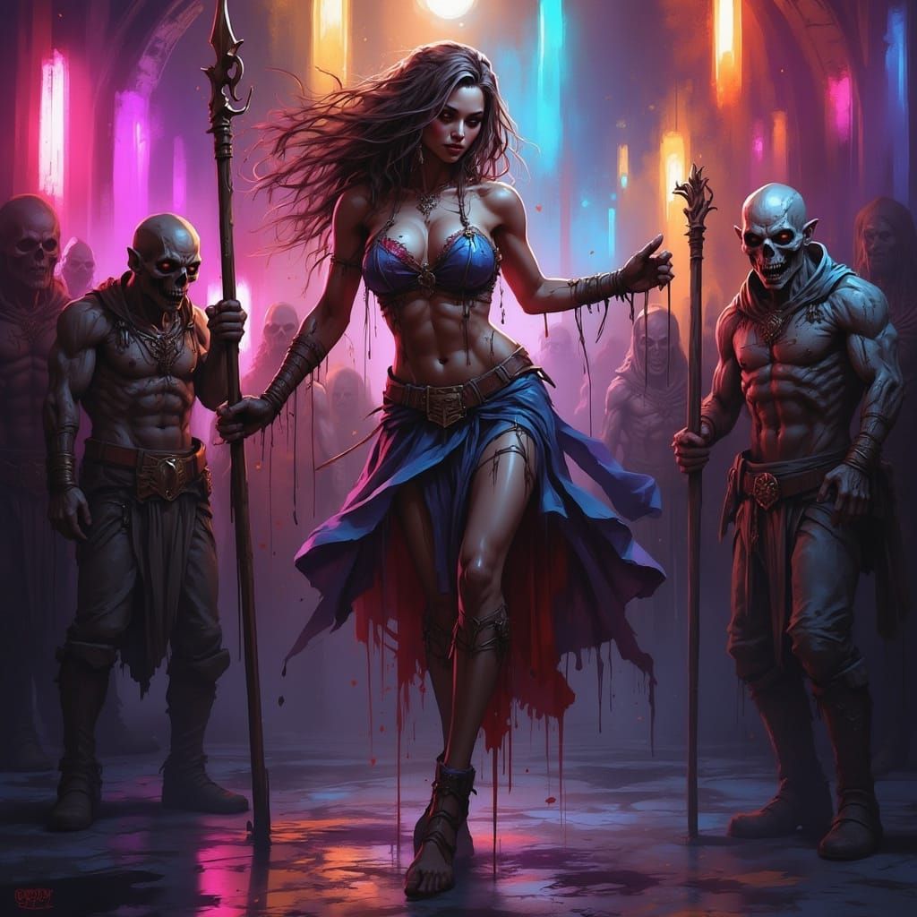 Zombie Woman Dances Amidst Neon Lights in Hyperrealistic Sty...