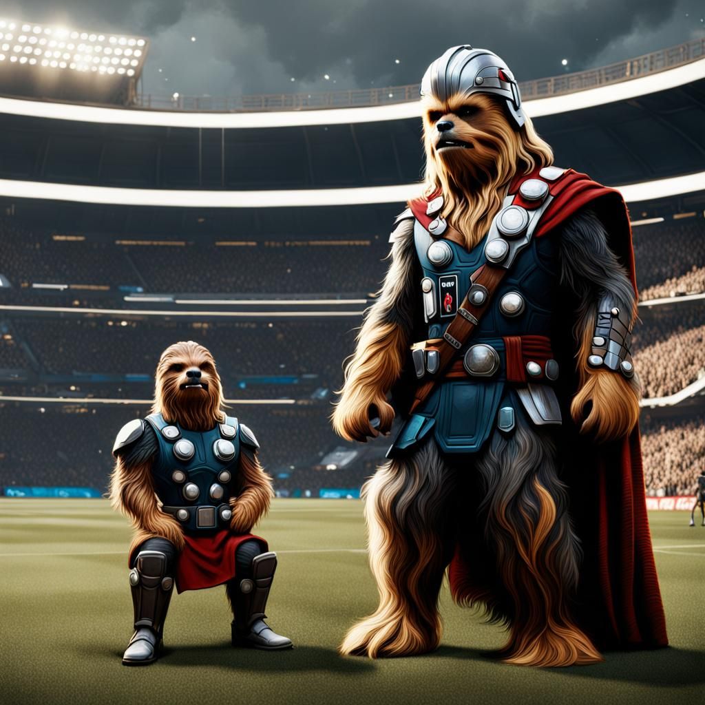 Chewbacca and Thor Watch Soccer: Detailed Matte Painting