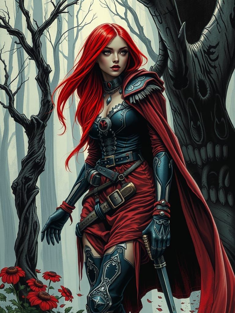Gritty Comic Book Red Riding Hood in Cyberpunk Style