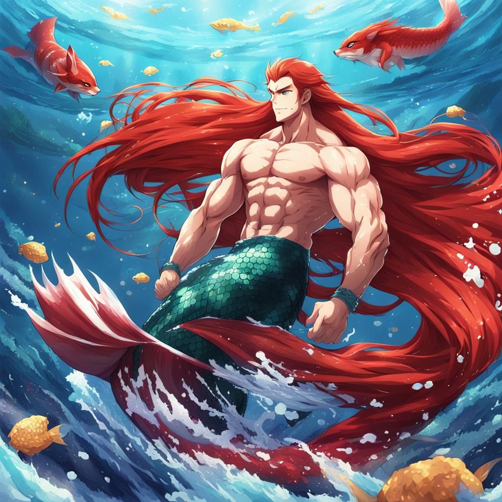 Anime Merman with Red Hair and Tail Fin