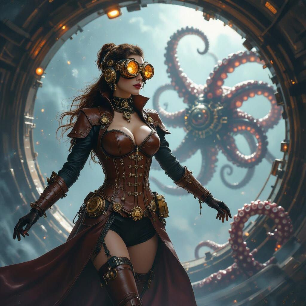 Steampunk Lady in Cosmic Nebula with Mechanical Kraken