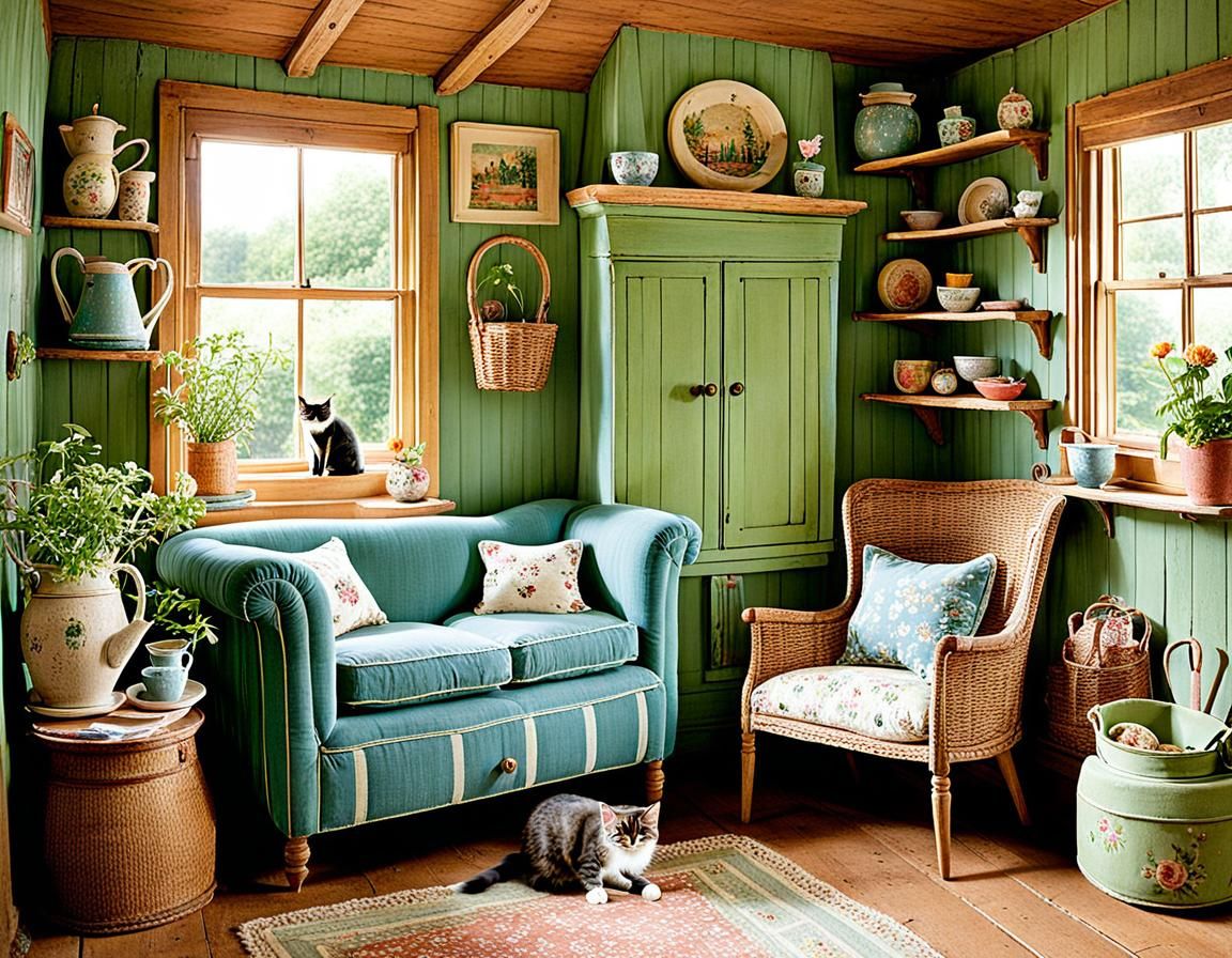 Cozy Whimsical Home with Kitten: Folk Art Style