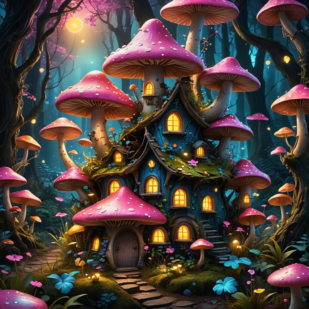 Enchanted Bioluminescent Forest: Fairy Mushroom House
