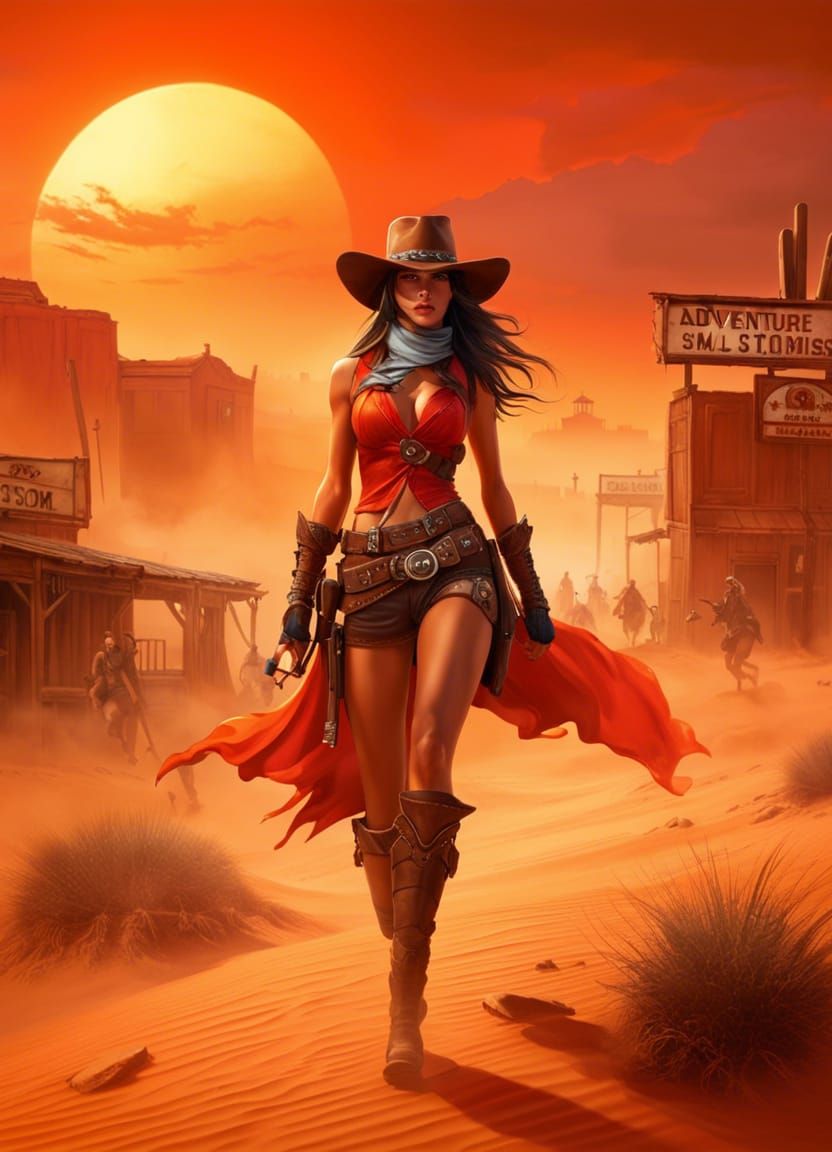 Cowgirl Zombie Chase in Desert Sunset: 3D Cartoon