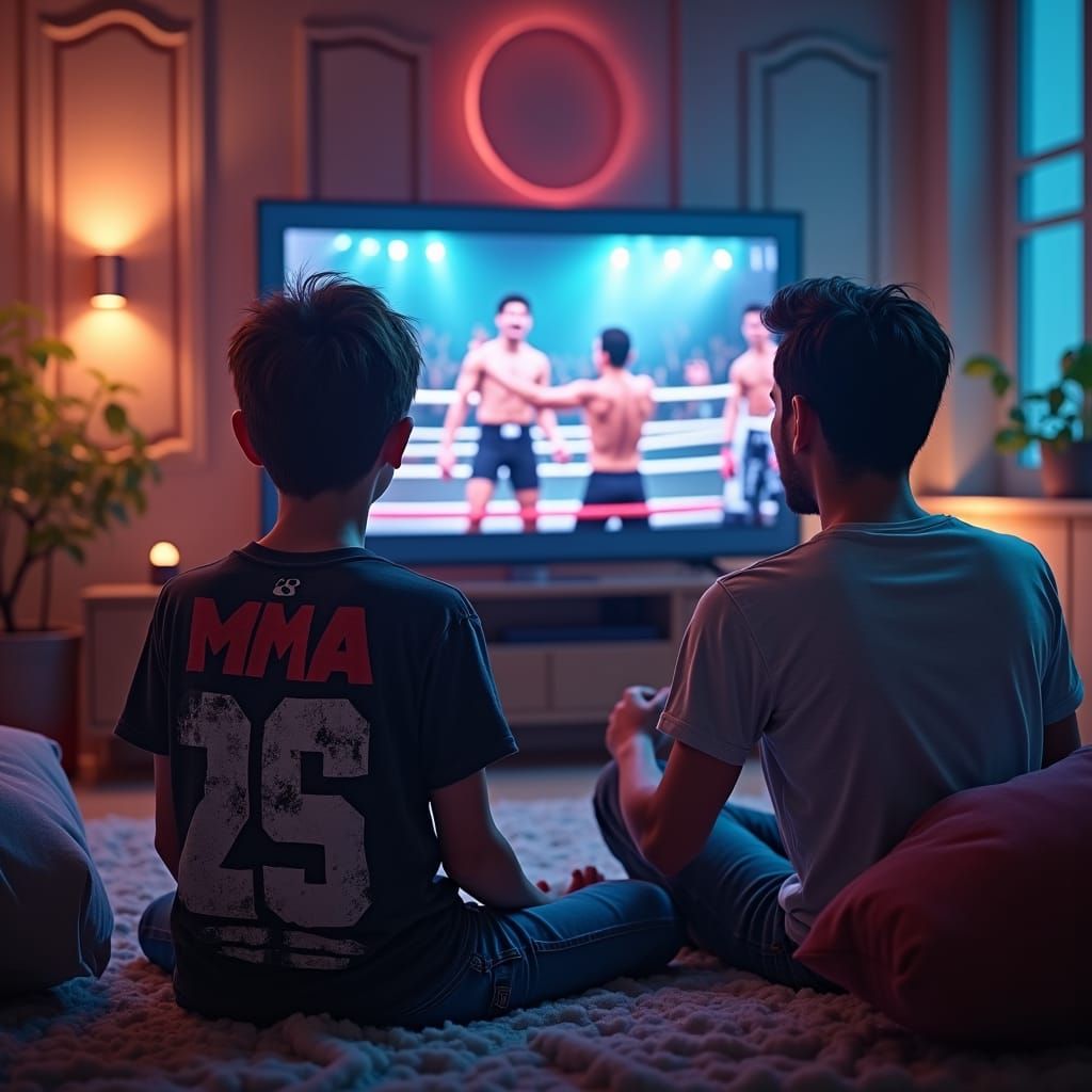 Boy and Father Watching MMA in Fantasy Room