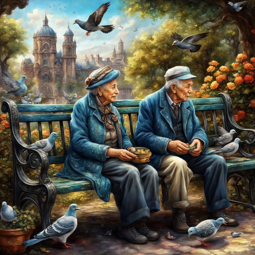 Ethereal Elderly Couple in Whimsical Pigeon Paradise