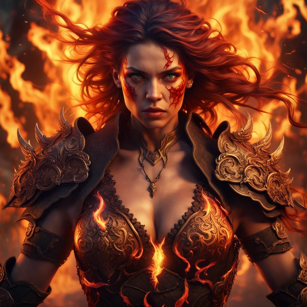Fiery Warrior Woman in Detailed Matte Painting