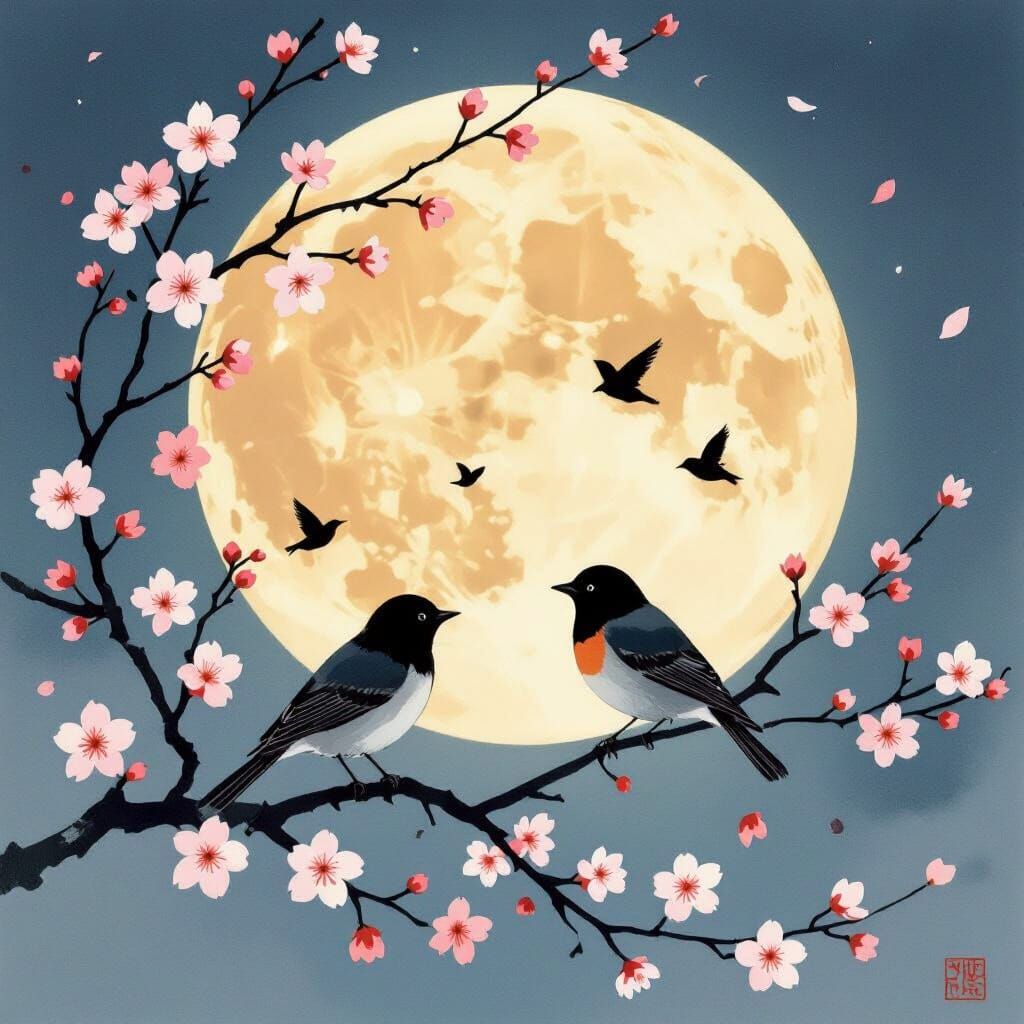 Autumn Moon Serenade with Cherry Blossoms
