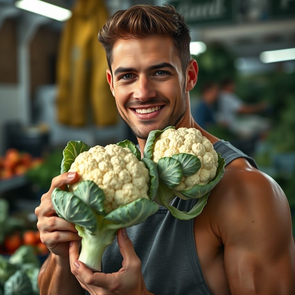 Handsome Greengrocer in Rome, Holding Roman Cauliflower
