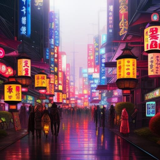 Neo Tokyo Japanese Lantern Festival Digital Painting