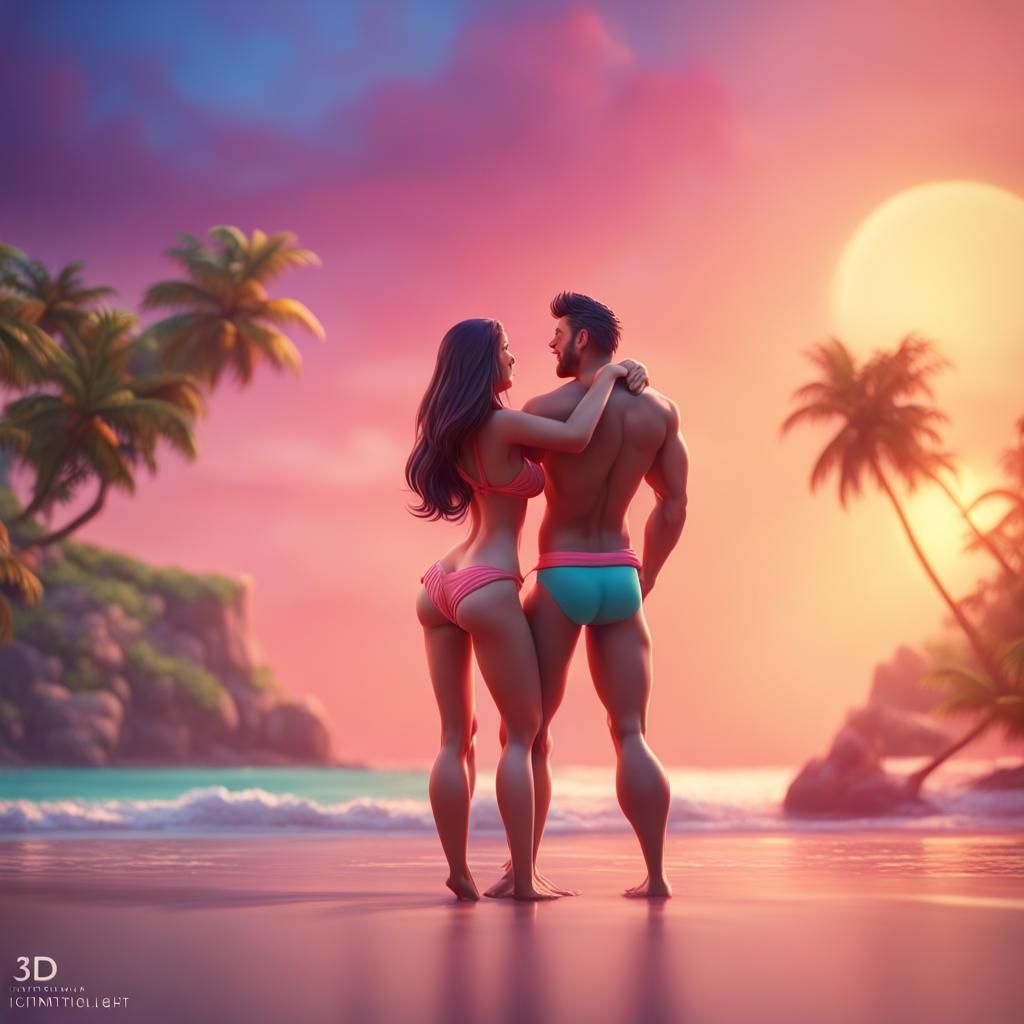 Romantic Honeymoon Couple on Beach: 3D Digital Art
