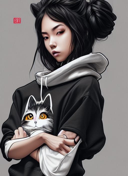 Asian Woman with Cat Mask in Hyper-Realistic Digital Art