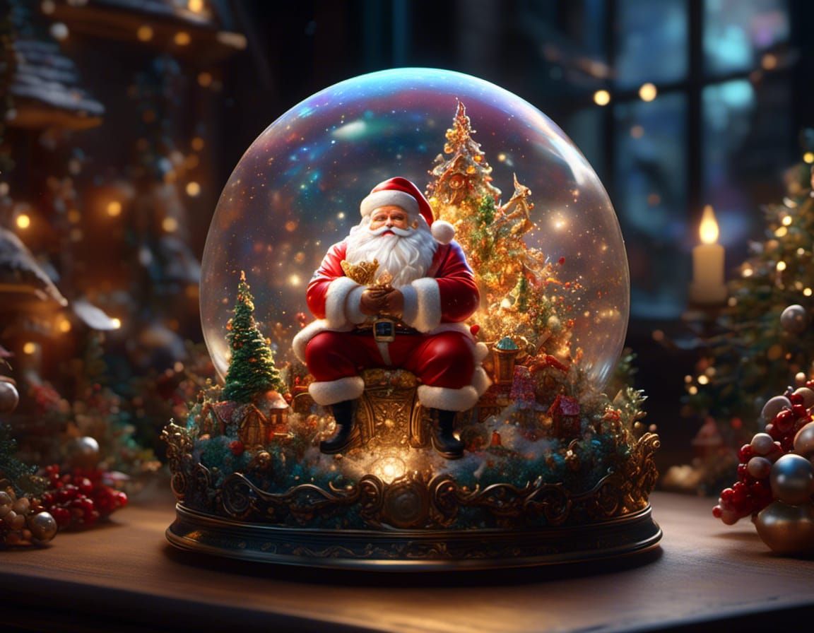 Santa and Elves in Hyperreal Snowglobe