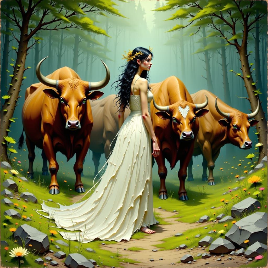 Gefjon: Norse Goddess in Arthur Rackham Style