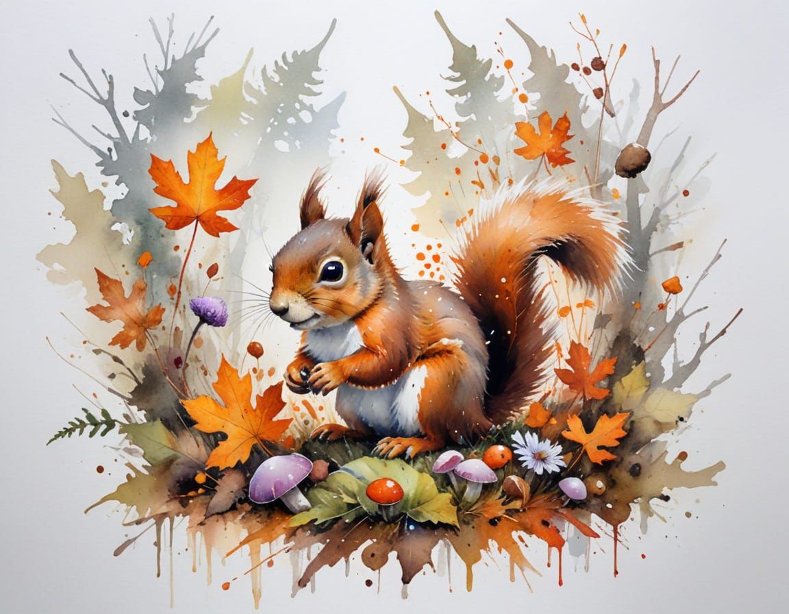 Squirrel Gathers Acorns in Fiery Autumn Woodland