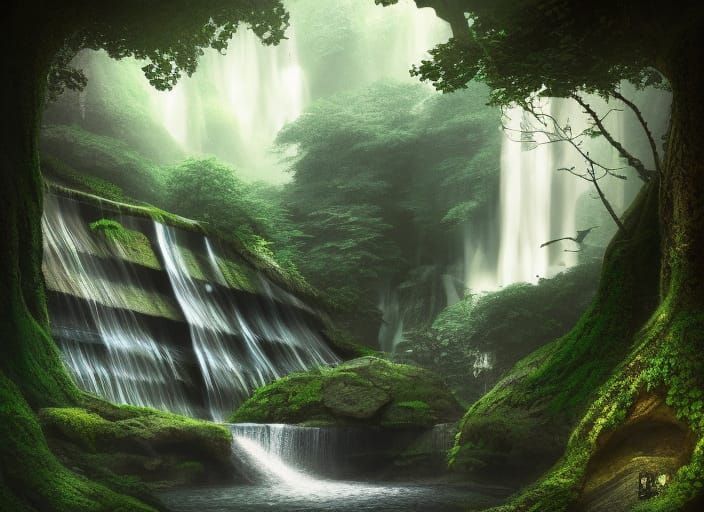 Ethereal Library Oasis with Waterfall