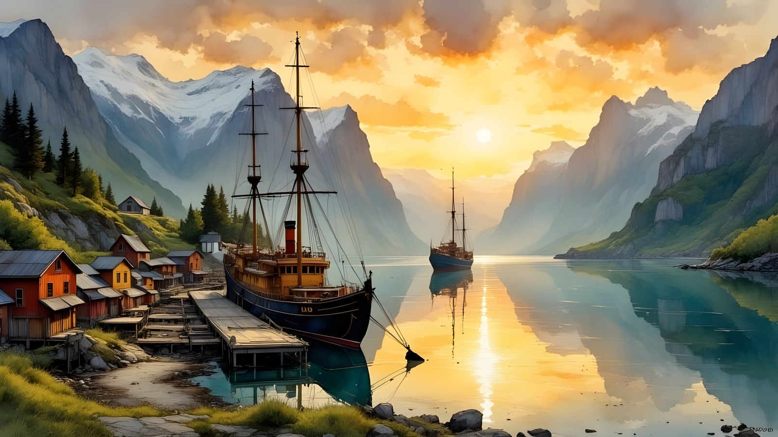 Majestic Norwegian Fjord Scene at Sunset, in the Style of 19...