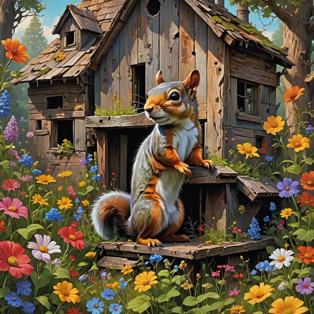 Giant Squirrel and Shack in Detailed Fine Art Style