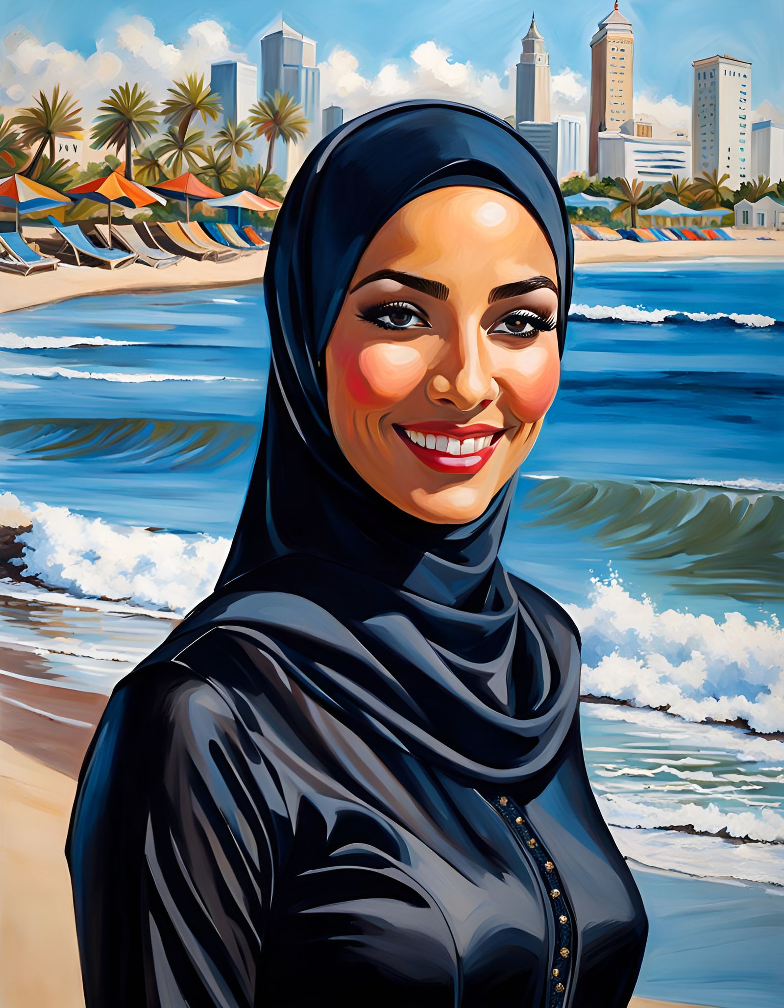 Elegant Hijabi Woman on Beach, Oil-Guache Portrait