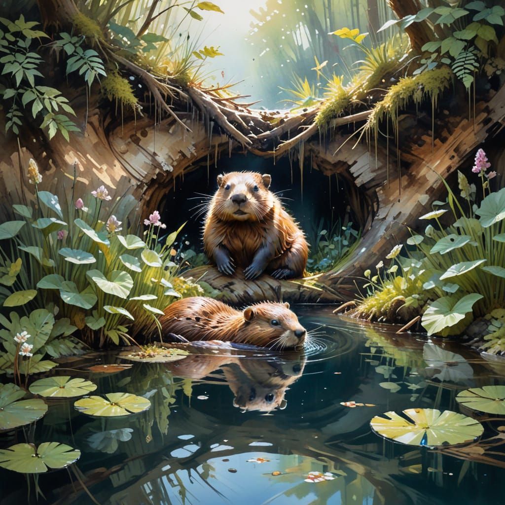 Cozy Beaver Lodge Cross-Section in Watercolor