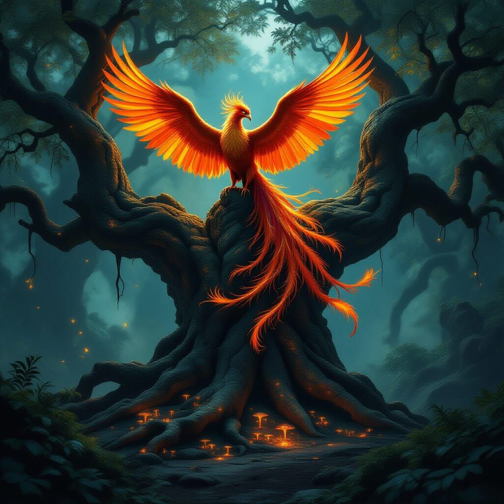 Majestic Phoenix on Ancient Obsidian Tree