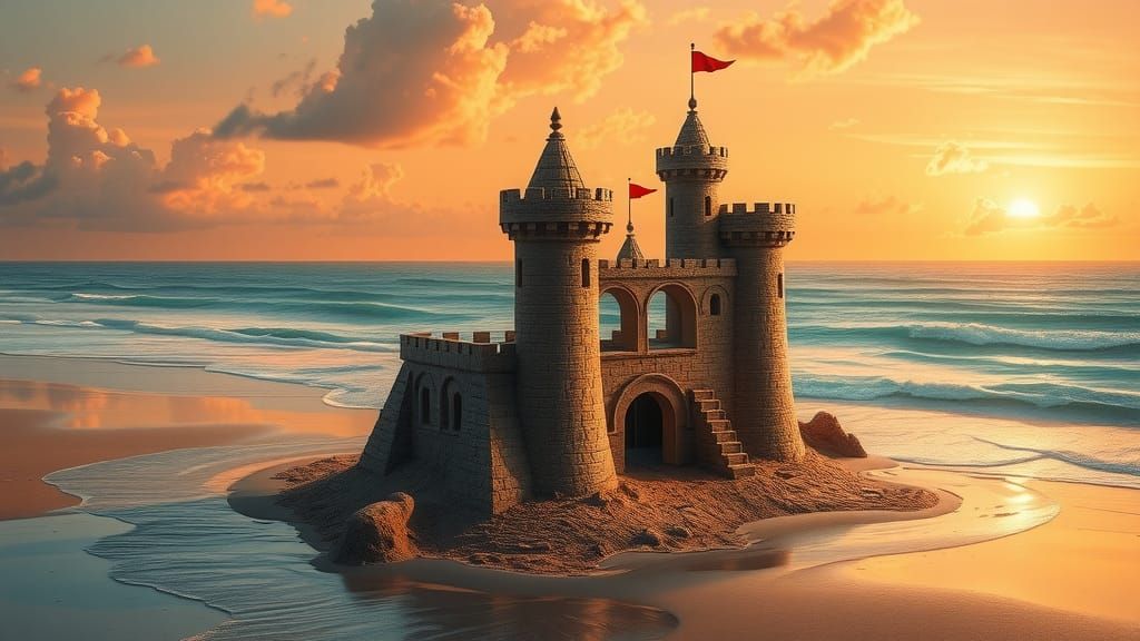 Sandcastle Sunset: Impressionistic Seaside Erosion