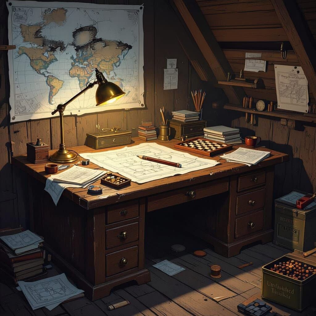 Cozy Den of Creative Work with Oak Table and Lamp