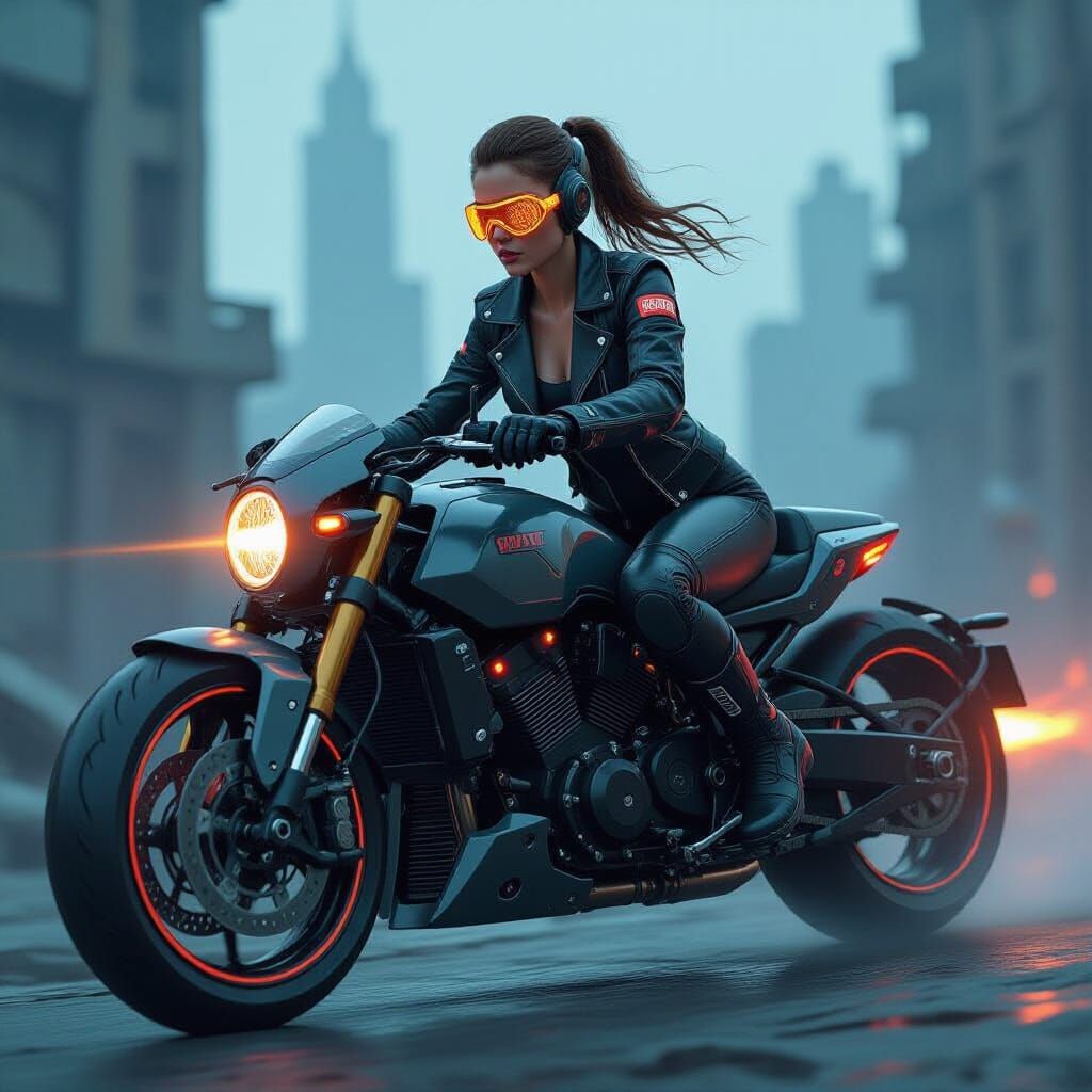 Female Droid on Motorcycle in Dystopian Cityscape