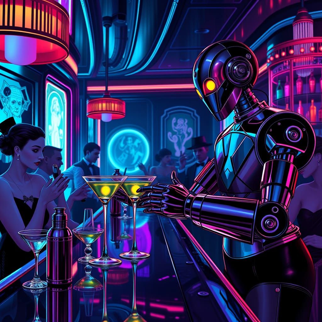 Robot Bartender Mixing Cocktails in Cyberpunk Speakeasy