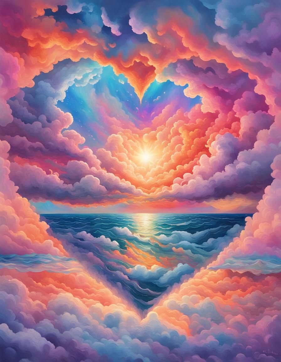 Heart-Shaped Cloud Over Ocean in Splash Art Style