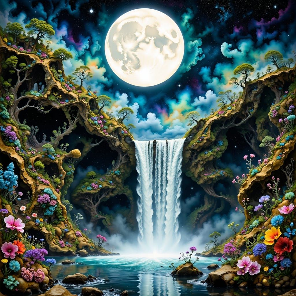 Surreal Waterfall Scene in Hyperkraximalismus Style