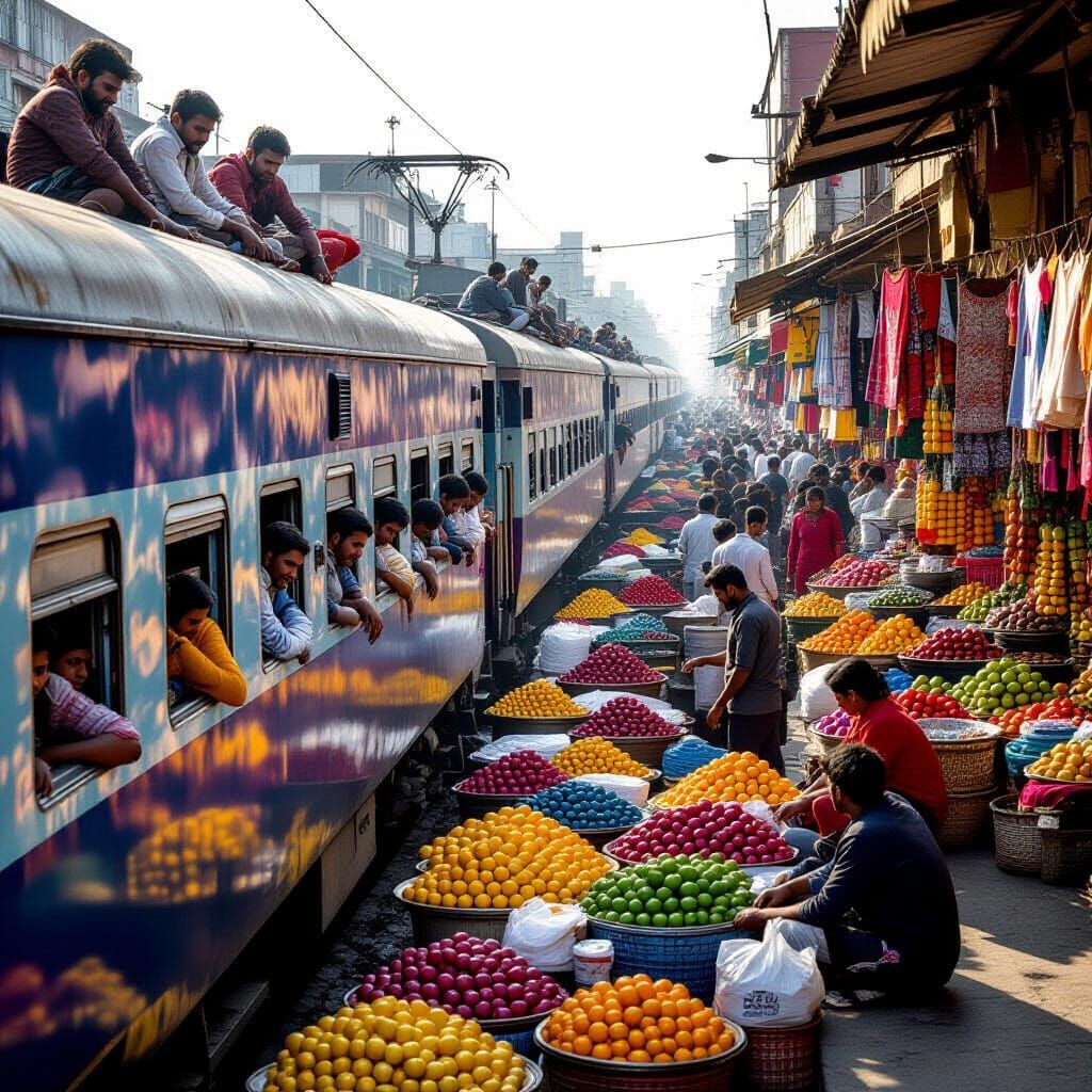 Crowded Train Navigates Bustling Market Street