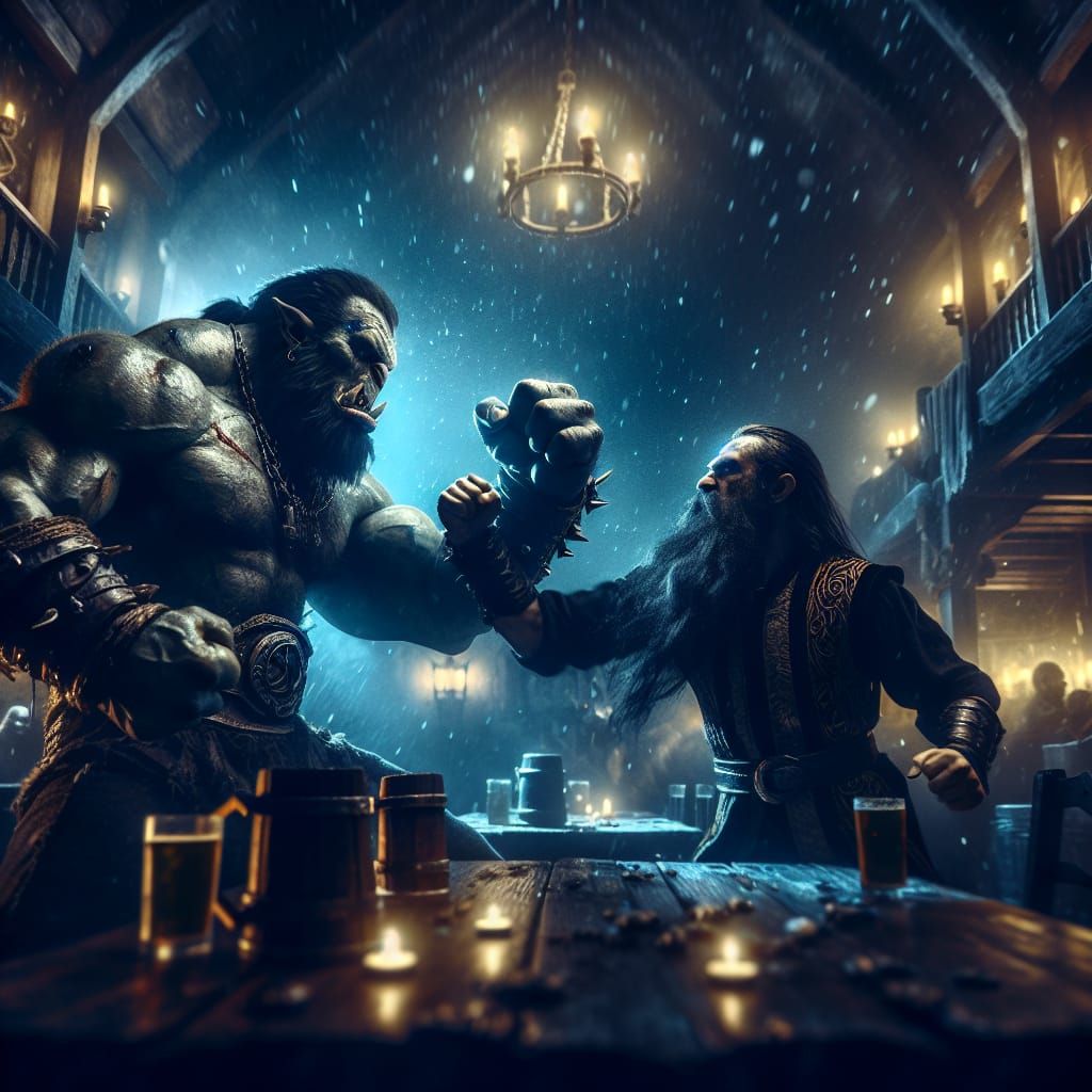 Orc and Dwarf Tavern Brawl in Dark Fantasy Style
