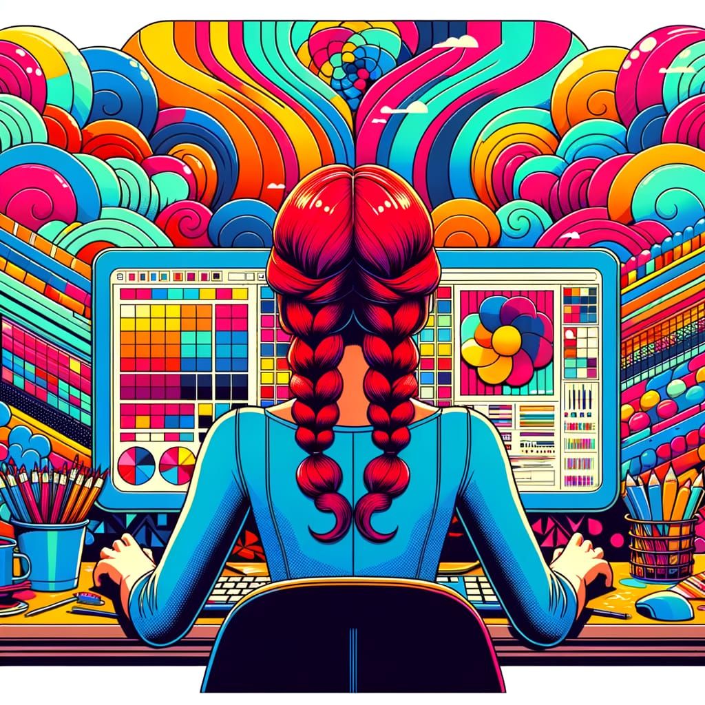 Whimsical Pop Art Portrait of a Redheaded Woman in Triadic C...