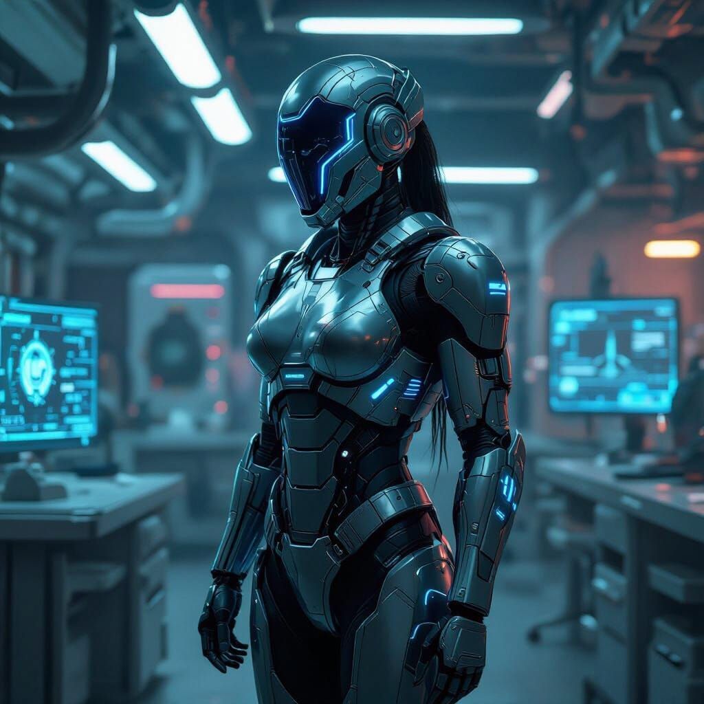 Cyborg Warrior in Dystopian Sci-Fi Lab