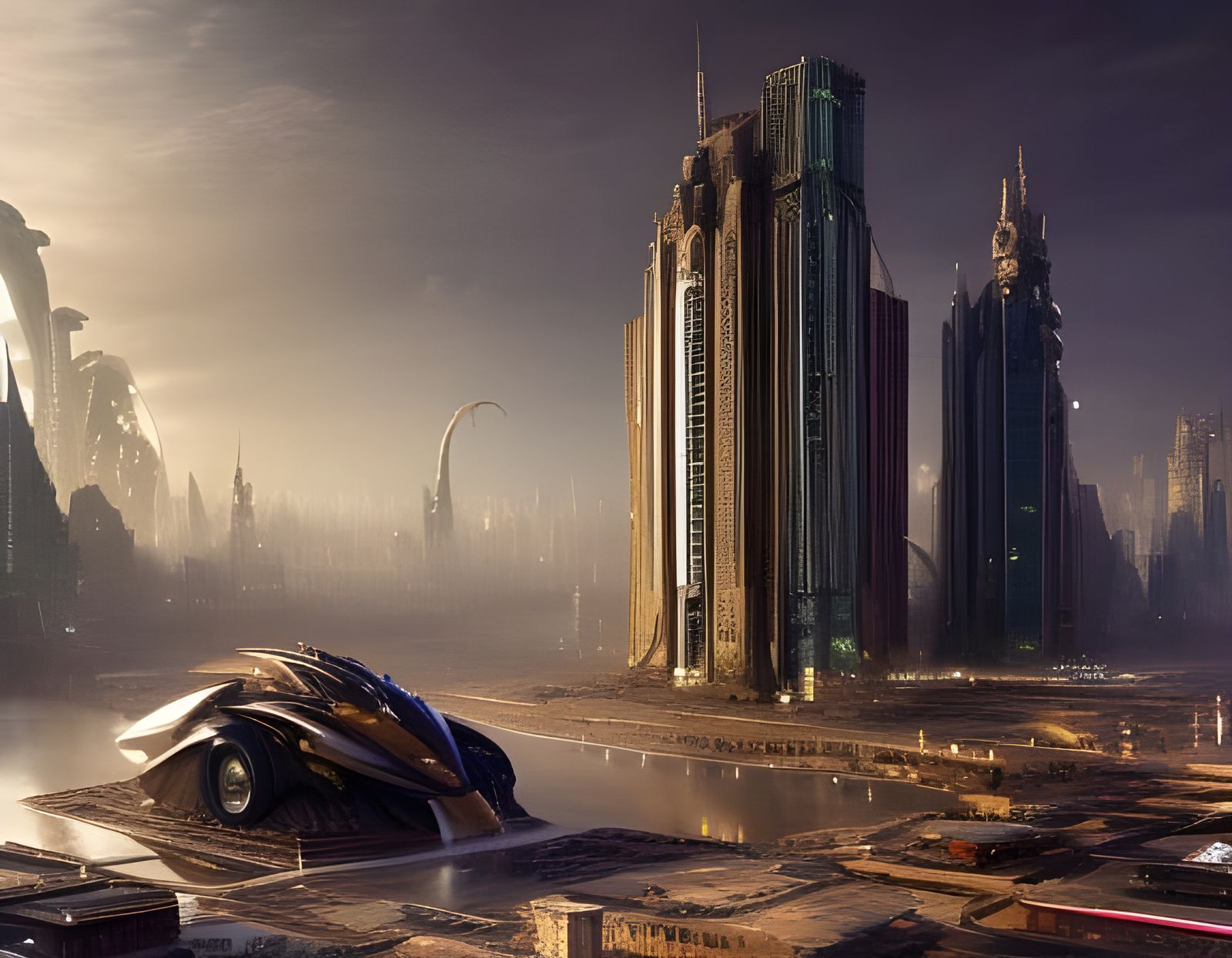 Futuristic Cityscape with Bizarre Creatures in Detailed 3D R...