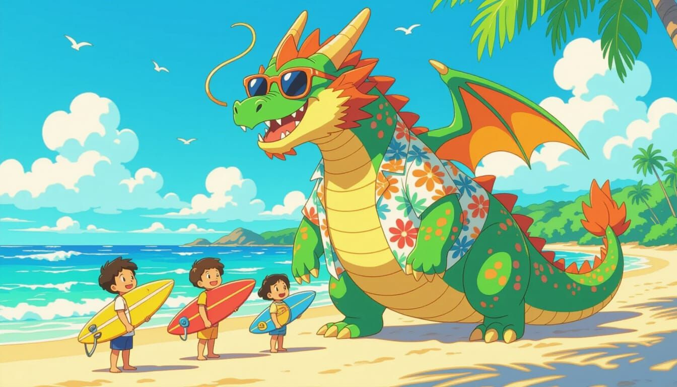 Friendly Dragon Teaches Surfing in Whimsical Anime Style