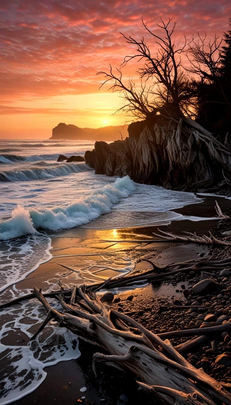 Icy Winter Beach at Sunset in Hyperdetailed Style