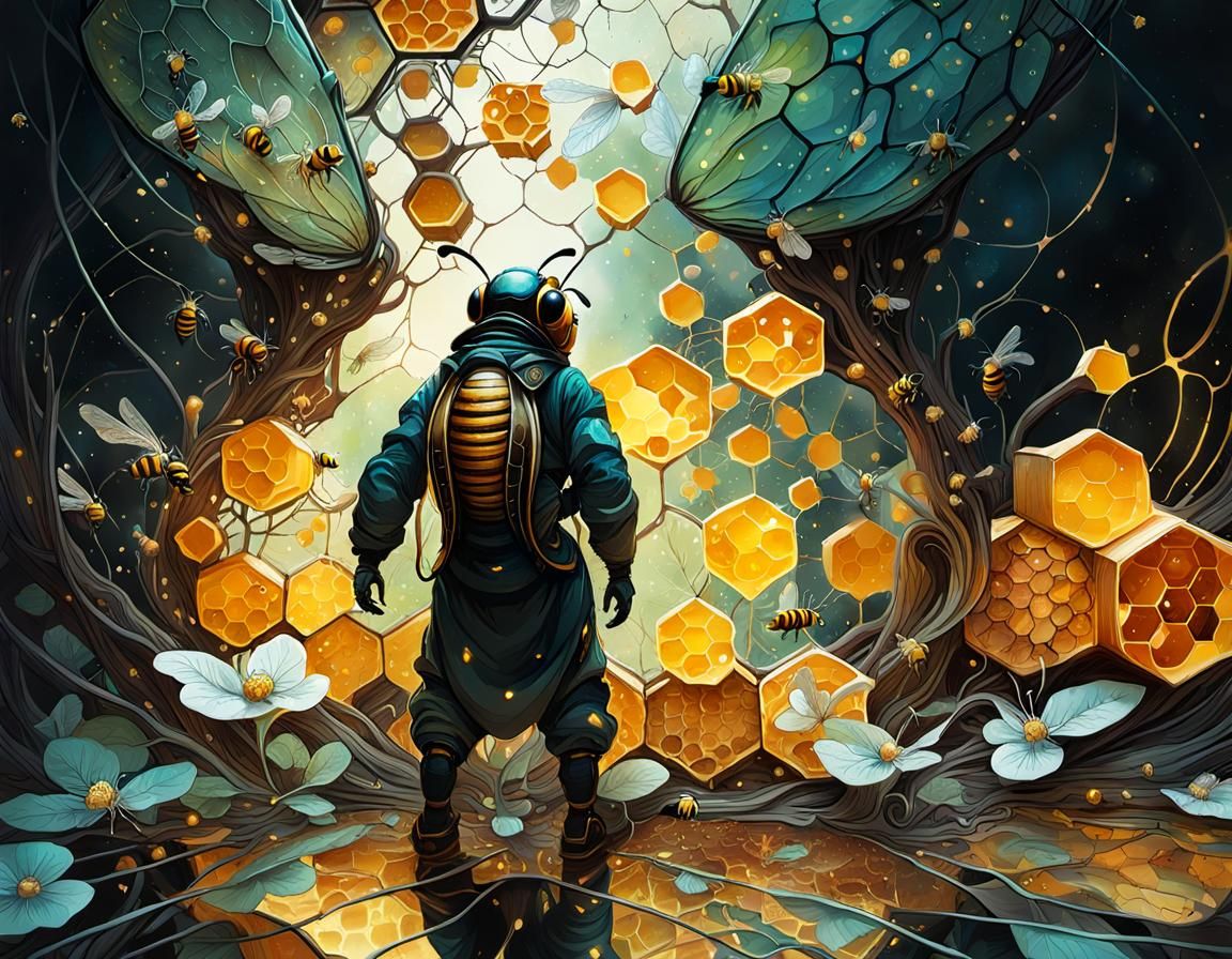 Inside a Luminous Beehive: Digital Art Illustration