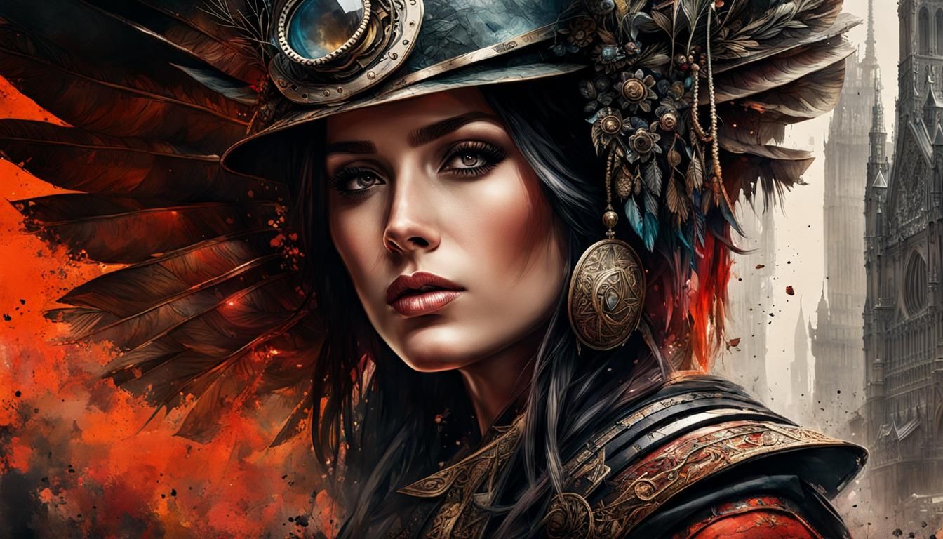 Hyperrealistic Lady in Neo-Steampunk Watercolor Style