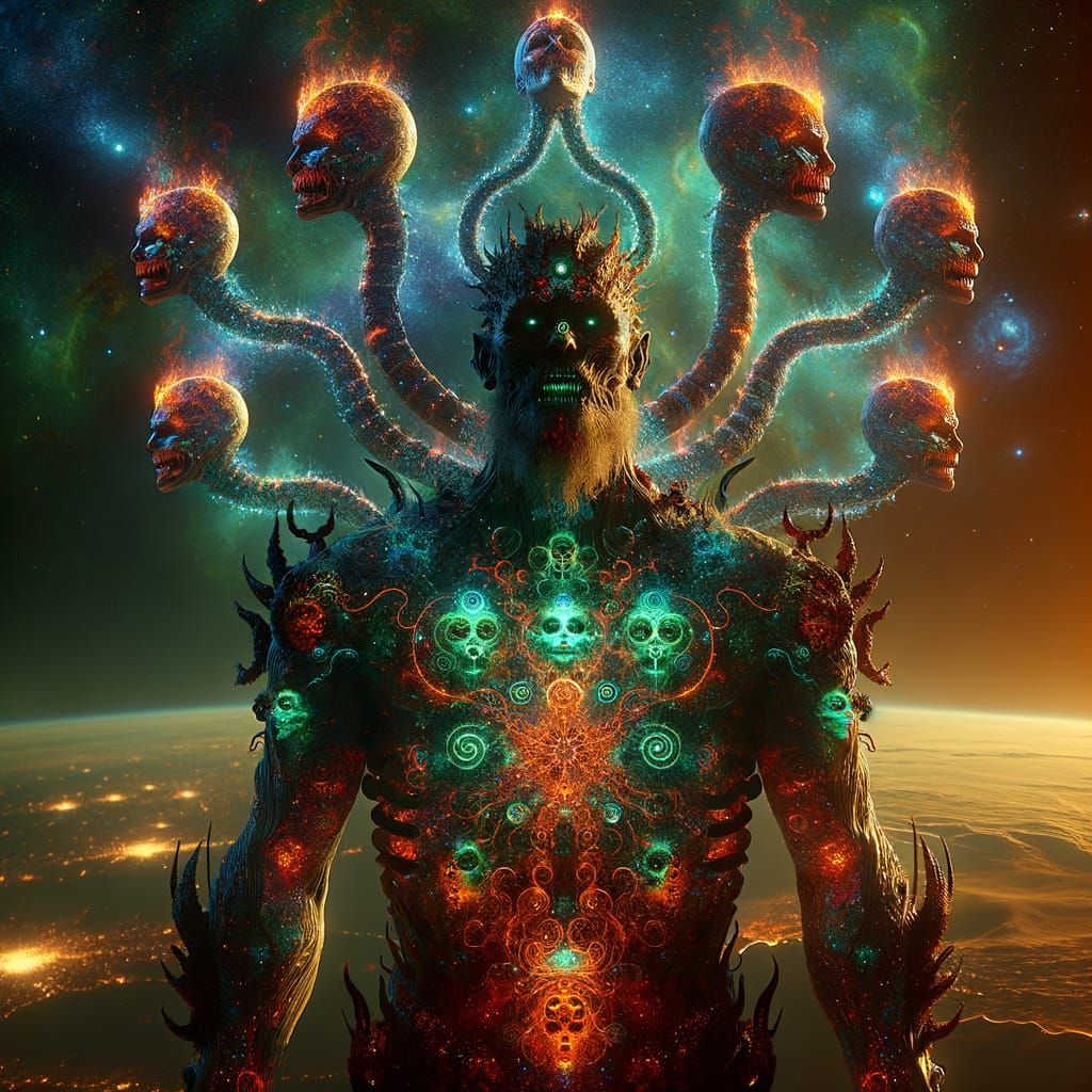 Ethereal Horror Scene with Eight-Headed Humanoid in Hyperrea...