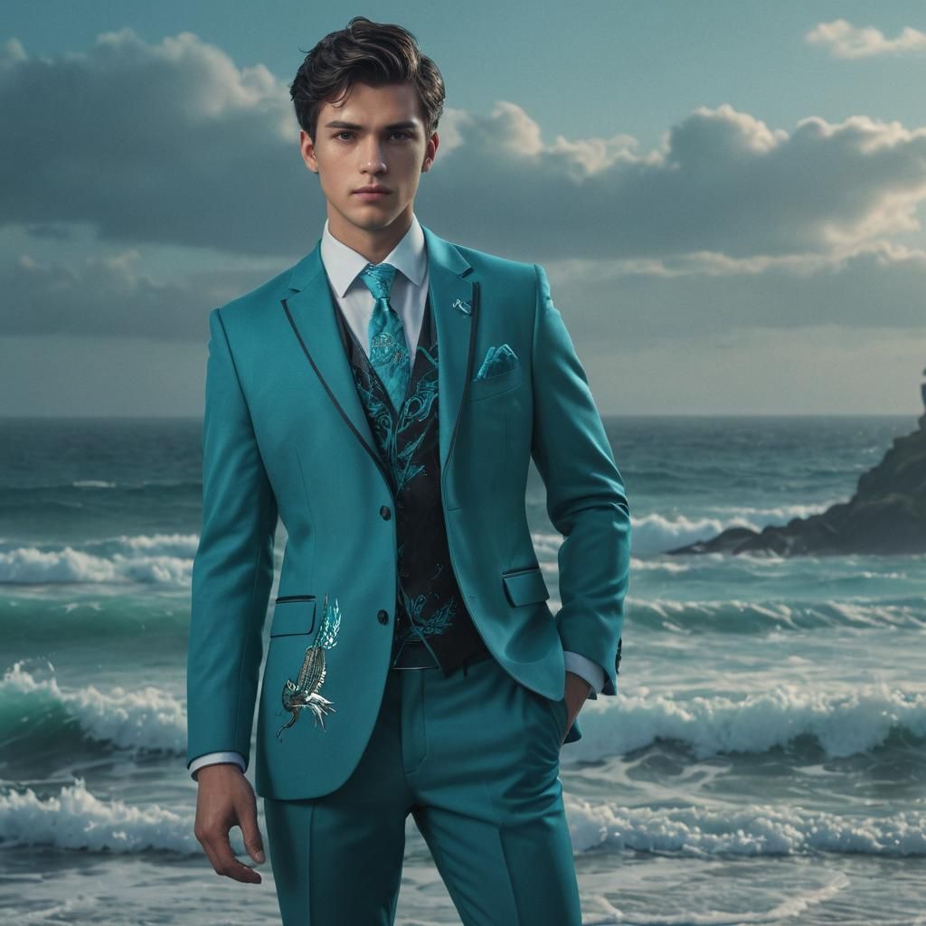 Teen in Phoenix Suit Before Ocean, Dark Fantasy Art
