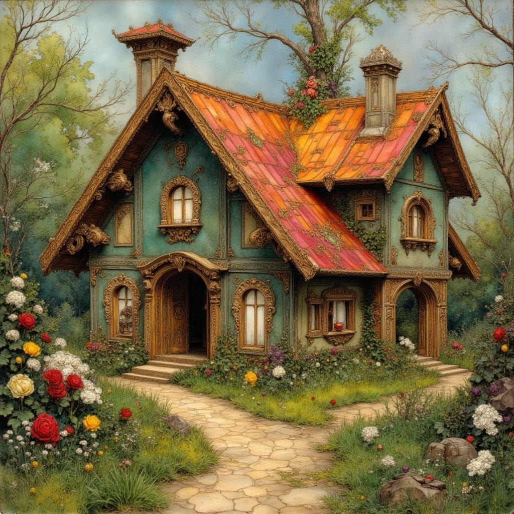 Hansel and Gretel at Gingerbread House in Vibrant Summer Col...