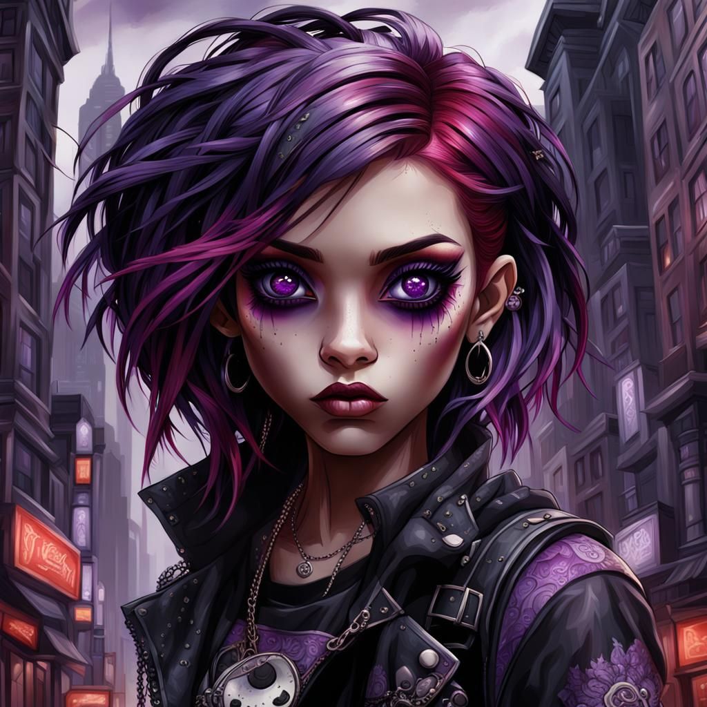 Crimson-Haired Punk Girl in Dark Cityscape
