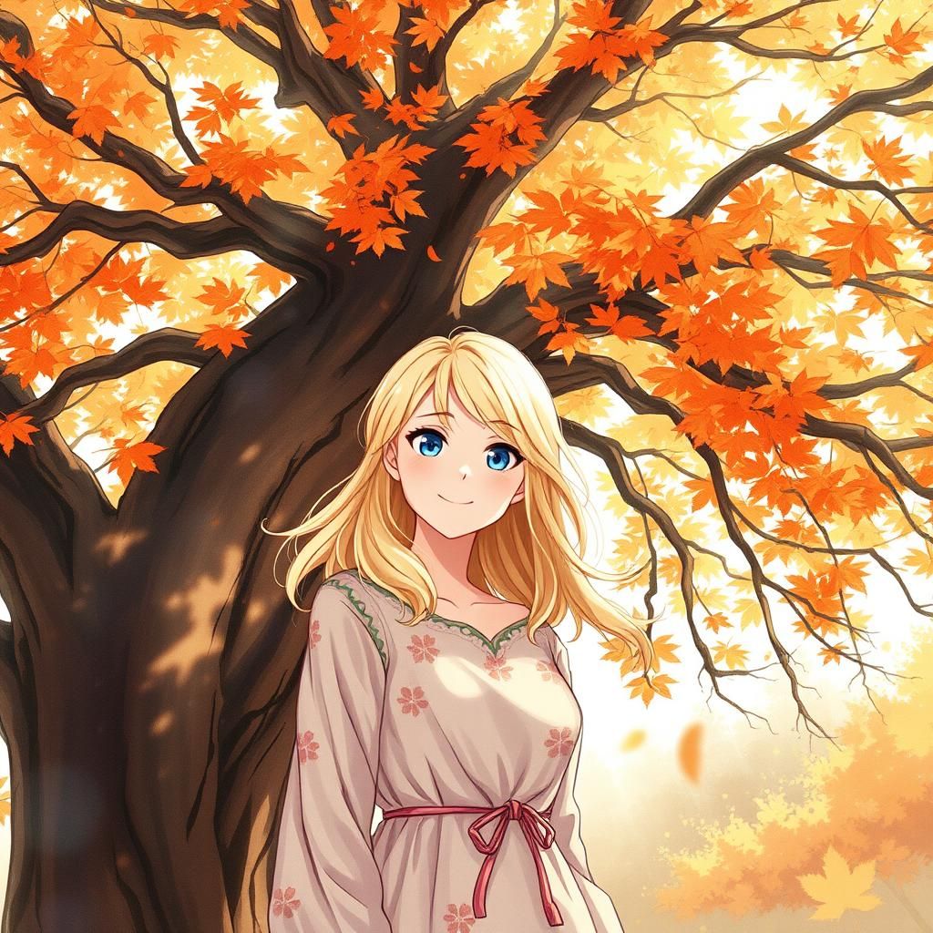 Blonde Woman in Autumn Dress, Watercolor Anime Style