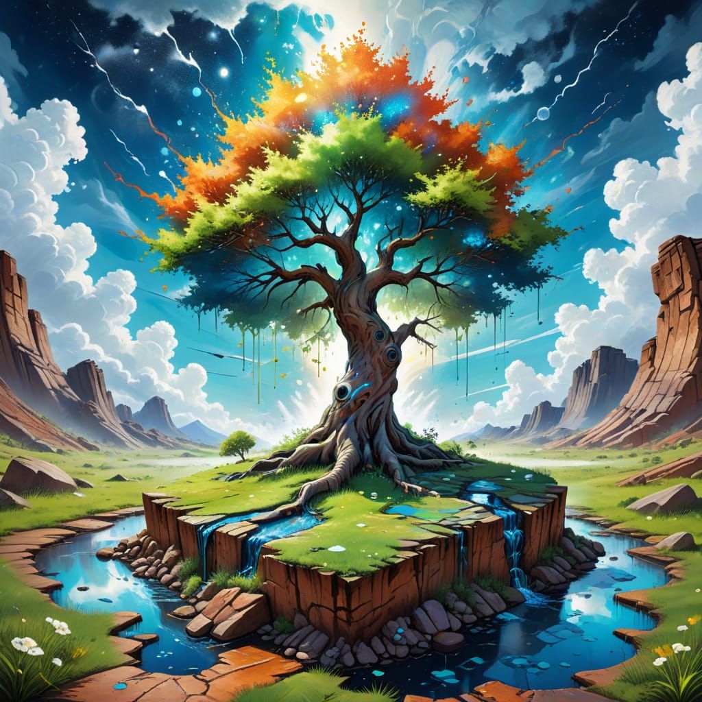 Vibrant Tree Ascends to Cosmic Skies in Polychromatic Graffi...