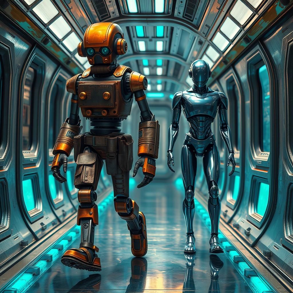 Retrofuture Robot and Android in Impressionist Style