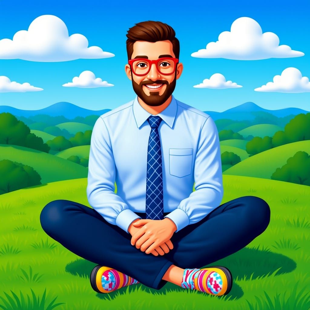 Man on Grassy Hill in Stylized Landscape Painting